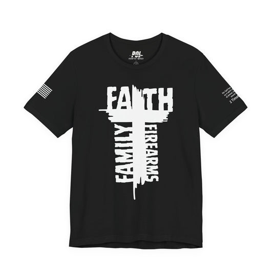 POI Faith • Family • Firearms Cross T-Shirt — Patriotic Christian Gun Rights Tee