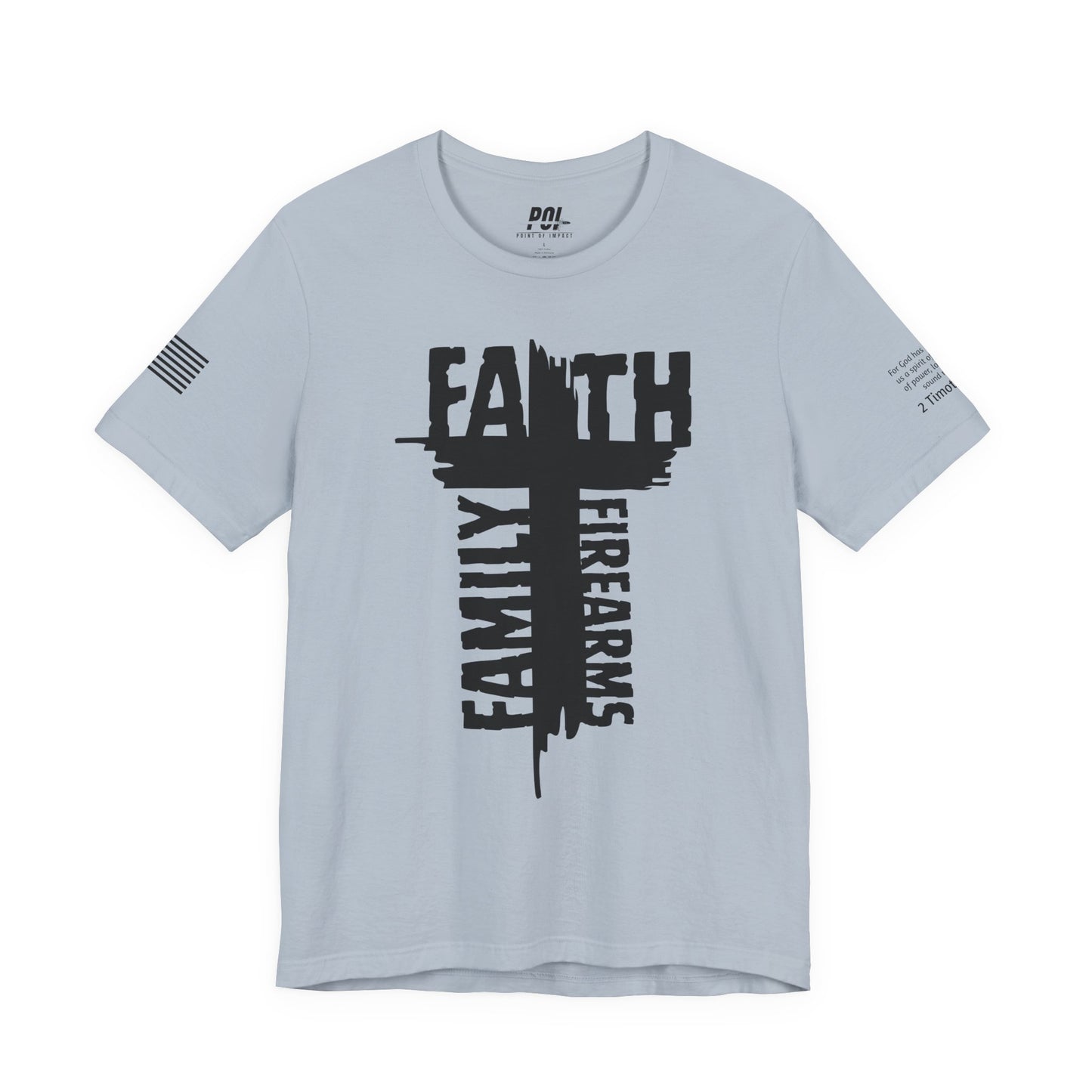 POI Faith • Family • Firearms Cross T-Shirt — Patriotic Christian Gun Rights Tee