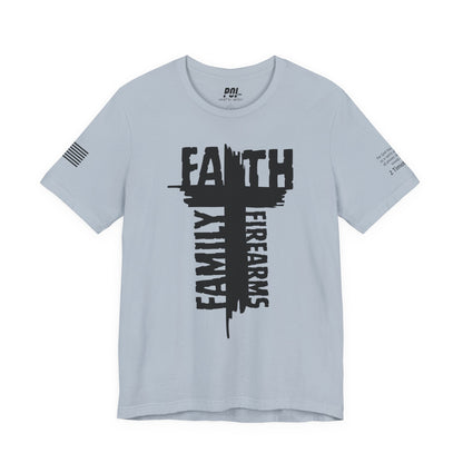 POI Faith • Family • Firearms Cross T-Shirt — Patriotic Christian Gun Rights Tee