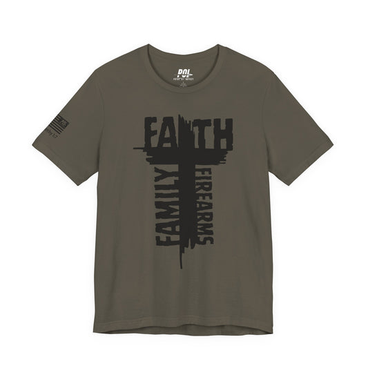 POI Faith • Family • Firearms Cross T-Shirt — Patriotic Christian Gun Rights Tee