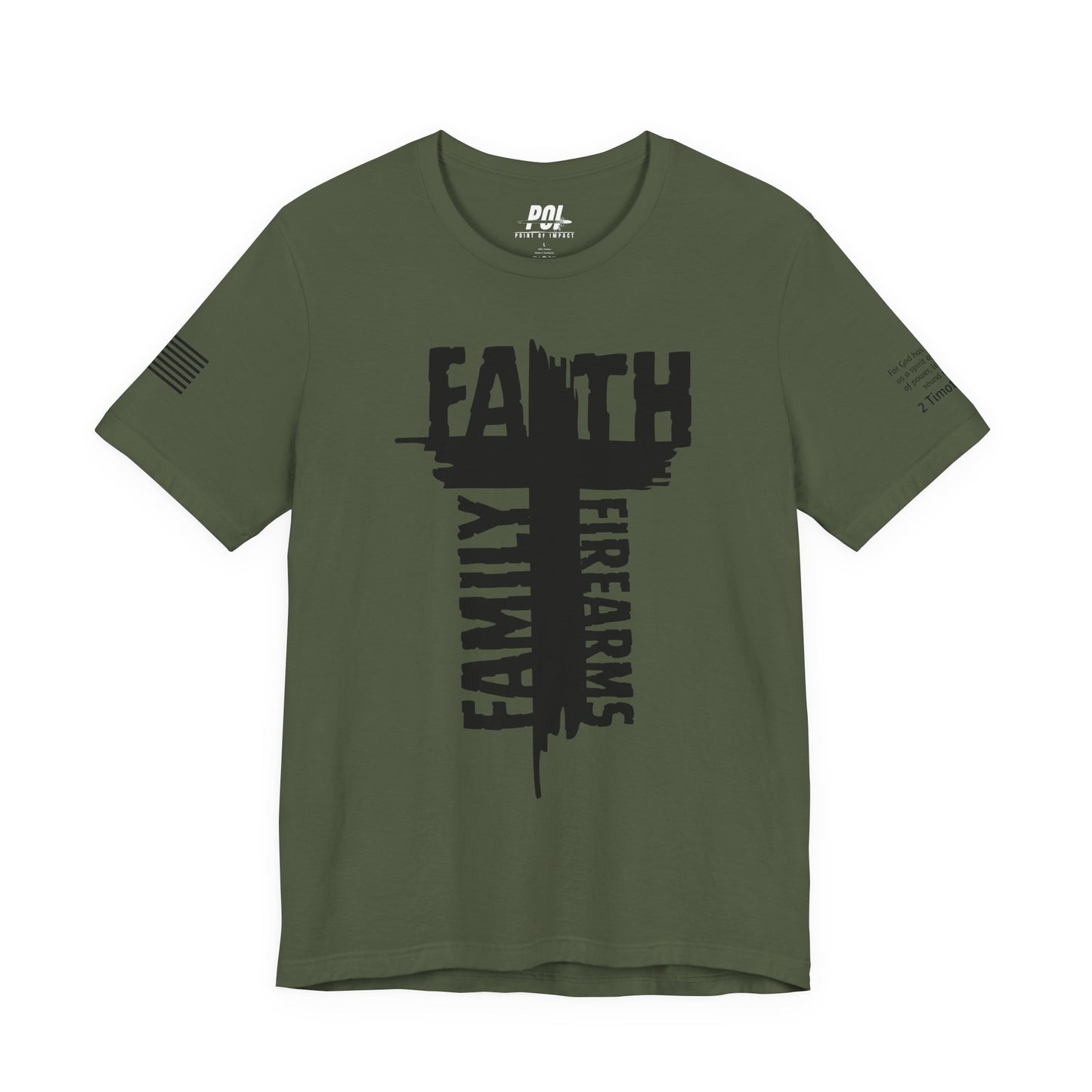 POI Faith • Family • Firearms Cross T-Shirt — Patriotic Christian Gun Rights Tee