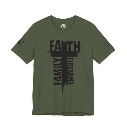 POI Faith • Family • Firearms Cross T-Shirt — Patriotic Christian Gun Rights Tee