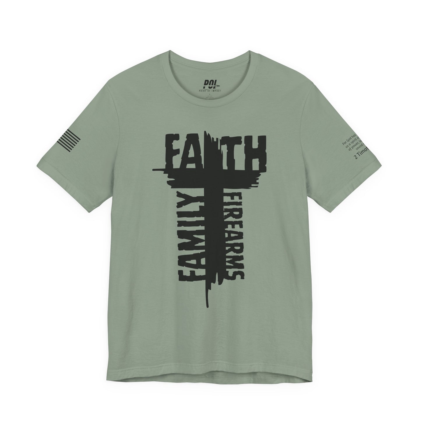 POI Faith • Family • Firearms Cross T-Shirt — Patriotic Christian Gun Rights Tee