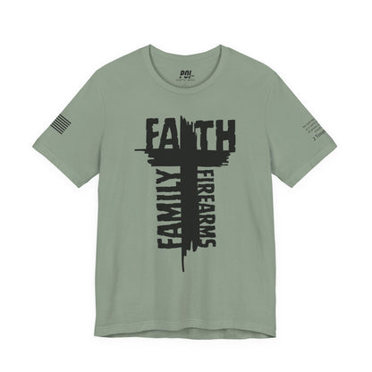 POI Faith • Family • Firearms Cross T-Shirt — Patriotic Christian Gun Rights Tee