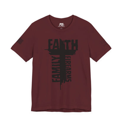 POI Faith • Family • Firearms Cross T-Shirt — Patriotic Christian Gun Rights Tee