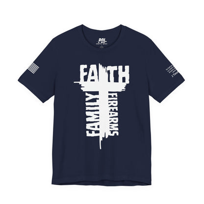 POI Faith • Family • Firearms Cross T-Shirt — Patriotic Christian Gun Rights Tee