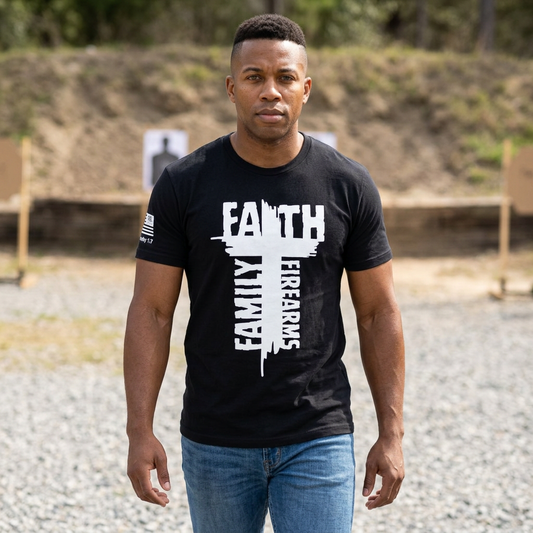 POI Faith • Family • Firearms Cross T-Shirt — Patriotic Christian Gun Rights Tee