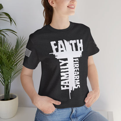 POI Faith • Family • Firearms Cross T-Shirt — Patriotic Christian Gun Rights Tee
