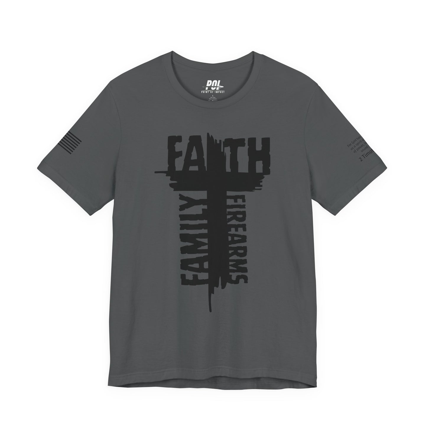 POI Faith • Family • Firearms Cross T-Shirt — Patriotic Christian Gun Rights Tee