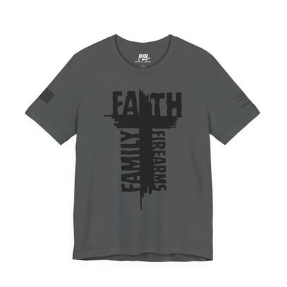 POI Faith • Family • Firearms Cross T-Shirt — Patriotic Christian Gun Rights Tee
