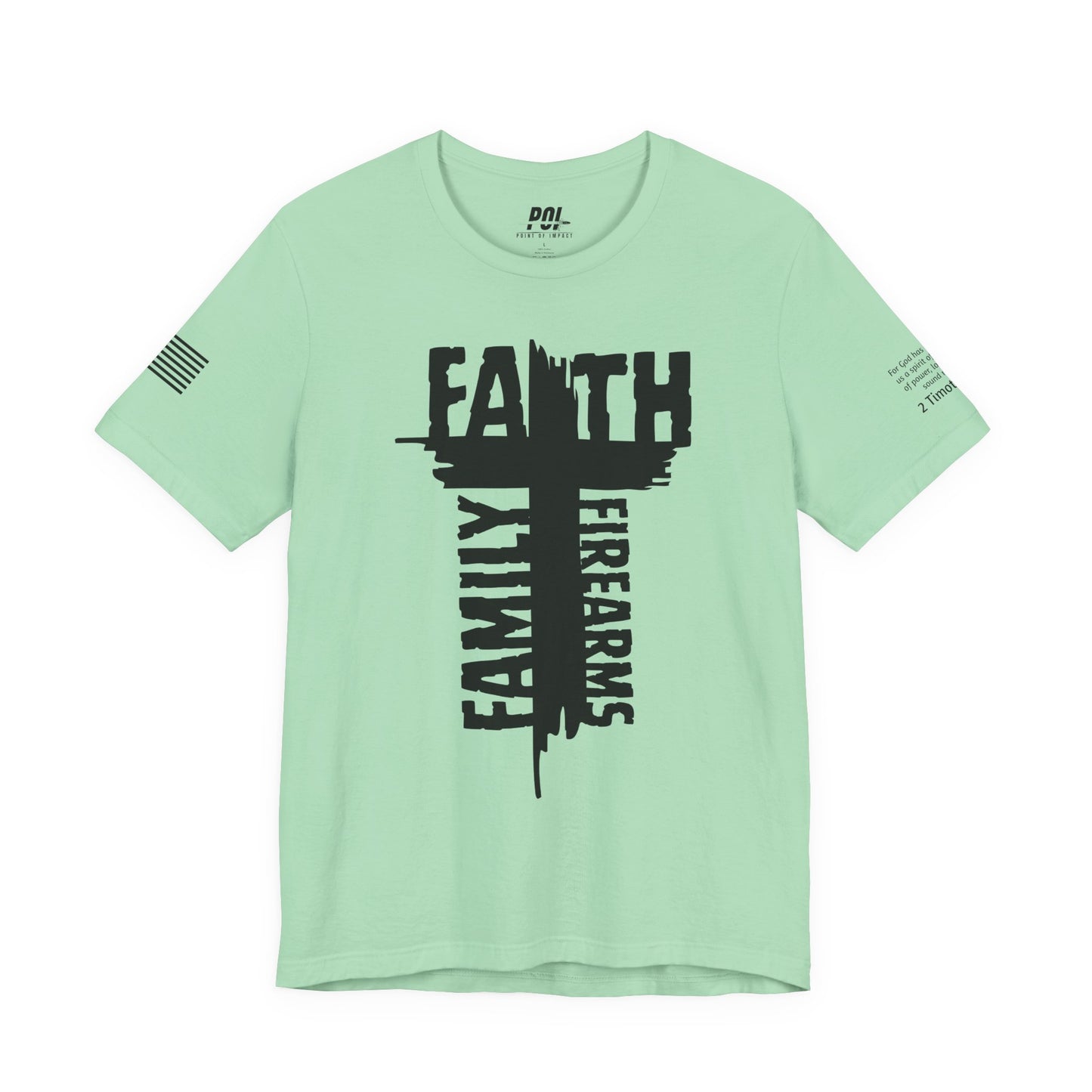 POI Faith • Family • Firearms Cross T-Shirt — Patriotic Christian Gun Rights Tee