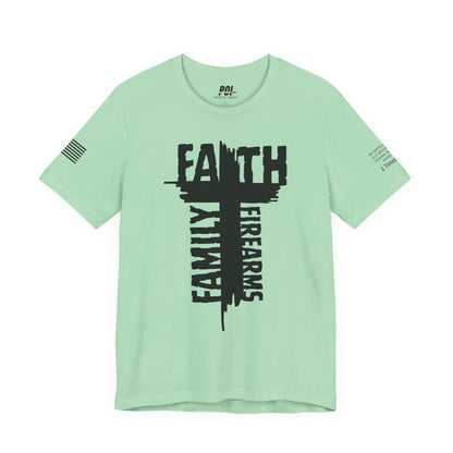 POI Faith • Family • Firearms Cross T-Shirt — Patriotic Christian Gun Rights Tee