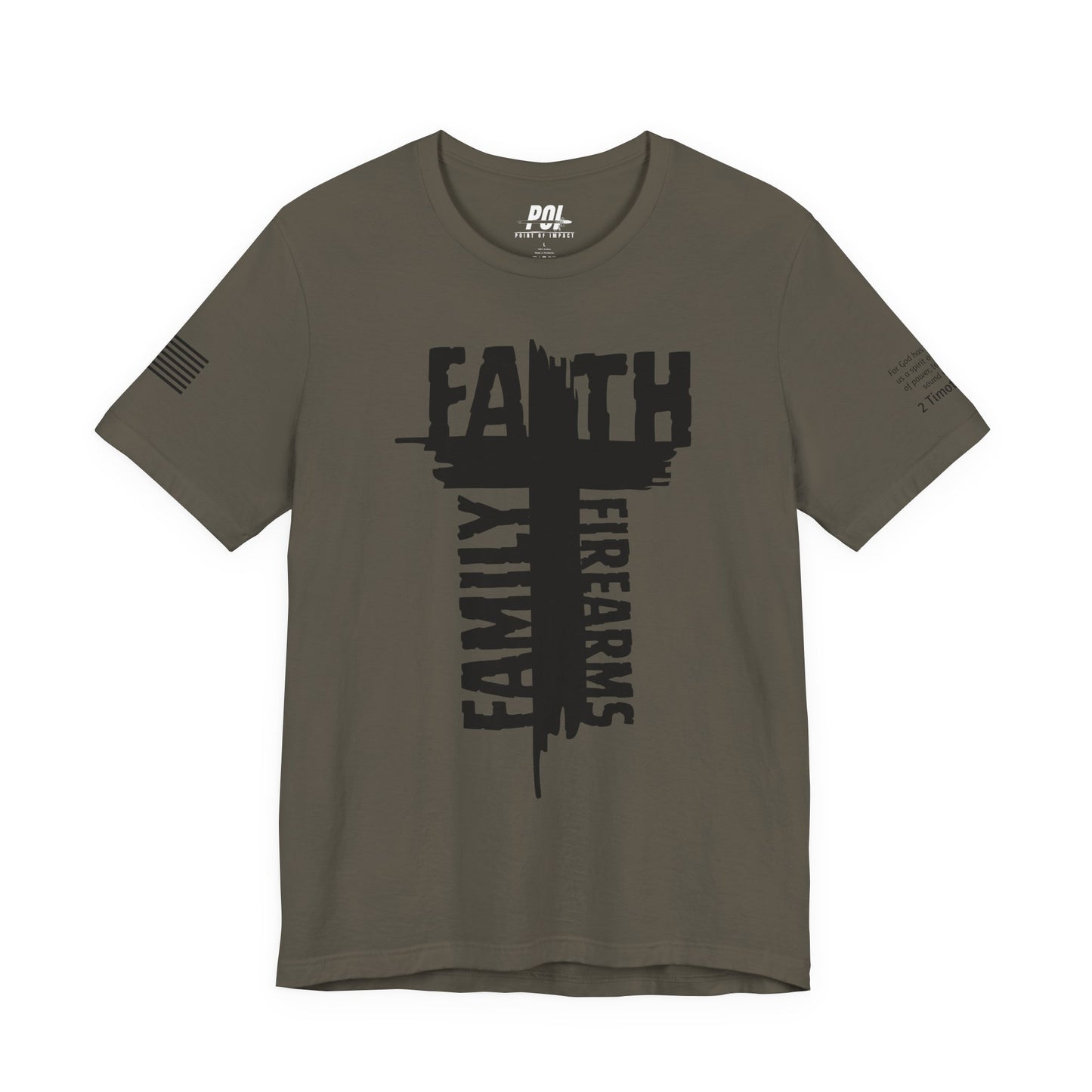 POI Faith • Family • Firearms Cross T-Shirt — Patriotic Christian Gun Rights Tee
