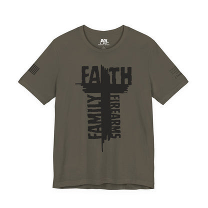 POI Faith • Family • Firearms Cross T-Shirt — Patriotic Christian Gun Rights Tee