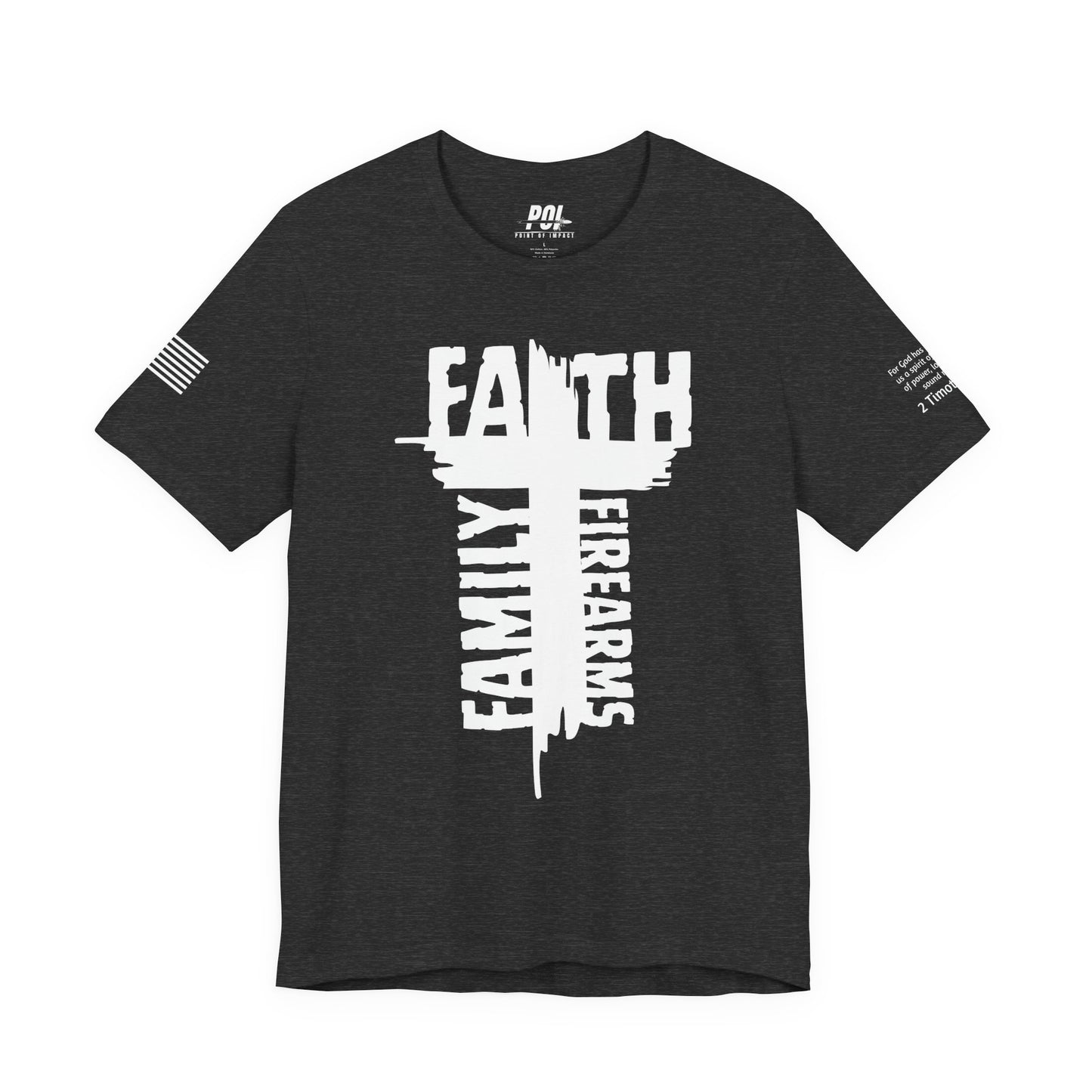 POI Faith • Family • Firearms Cross T-Shirt — Patriotic Christian Gun Rights Tee
