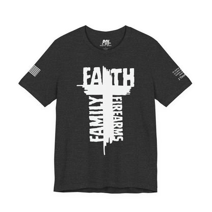 POI Faith • Family • Firearms Cross T-Shirt — Patriotic Christian Gun Rights Tee